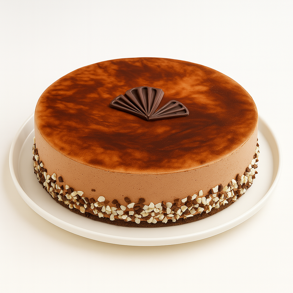 An angled view of a round chocolate mousse cake sitting on a white plate, topped with a marbled cocoa layer and a dark chocolate fan decoration, with chopped nuts and chocolate pieces pressed around the base.
