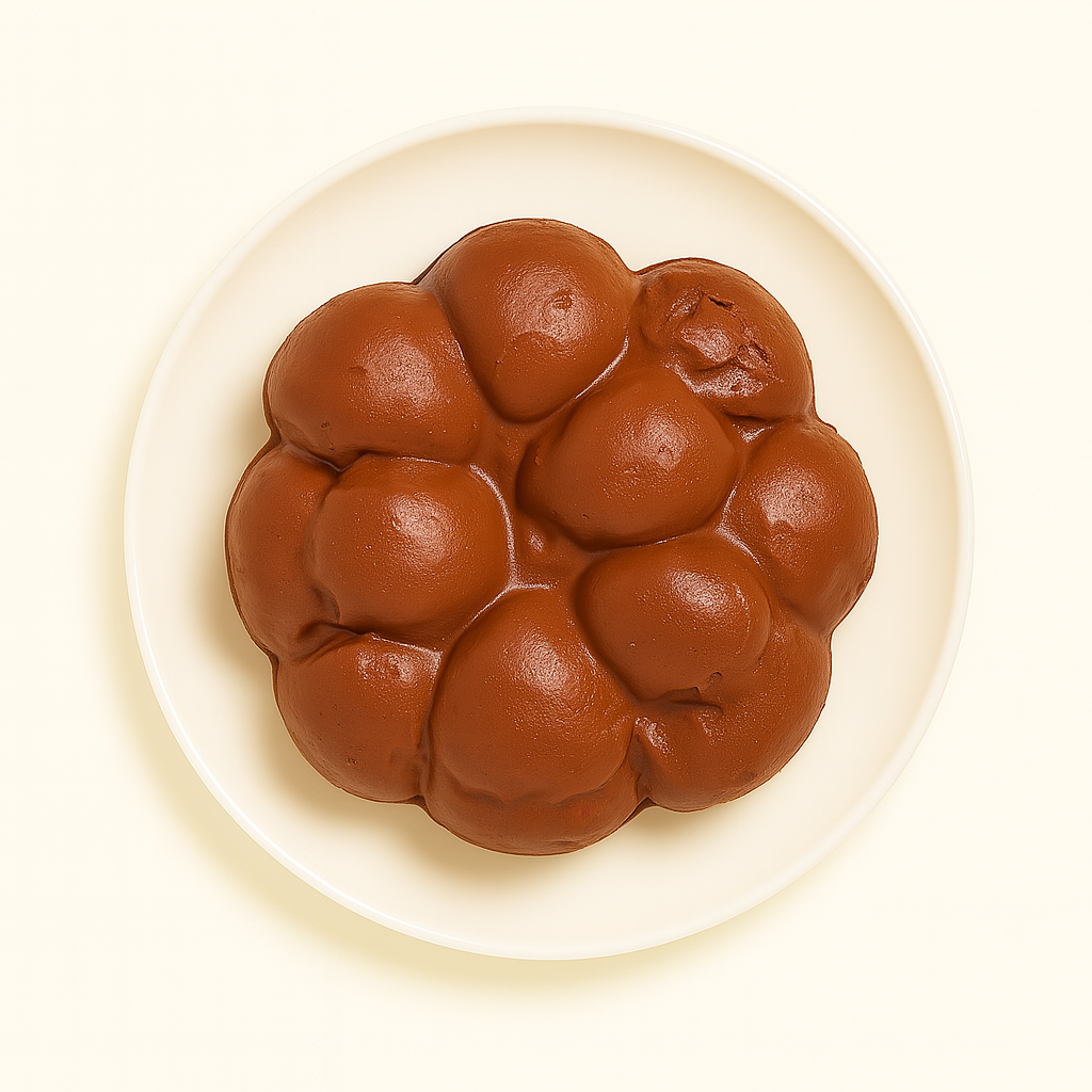 A top-down view of a braided chocolate bread arranged in plump, shiny sections on a white plate, set against a pale cream background.