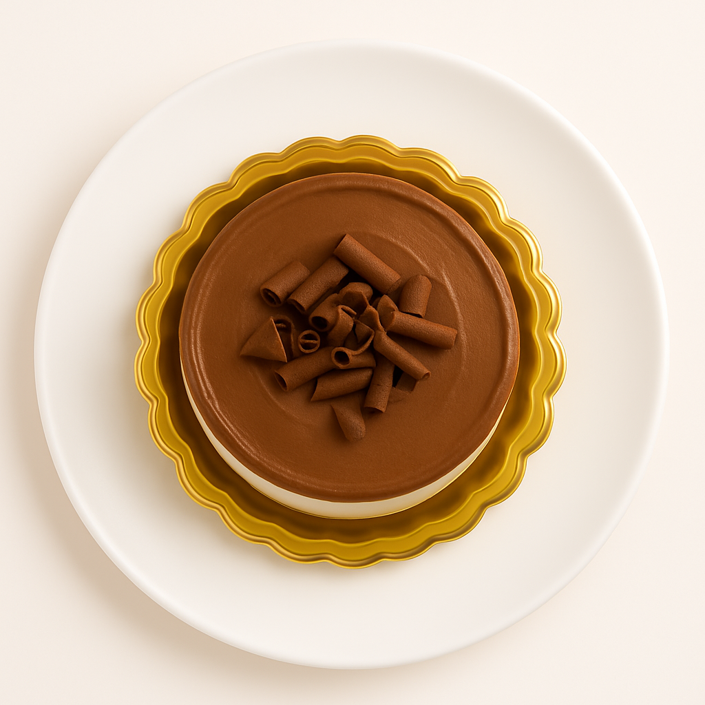 Top view of a chocolate mousse cake with dark chocolate curls on top, placed on a gold base and white plate.