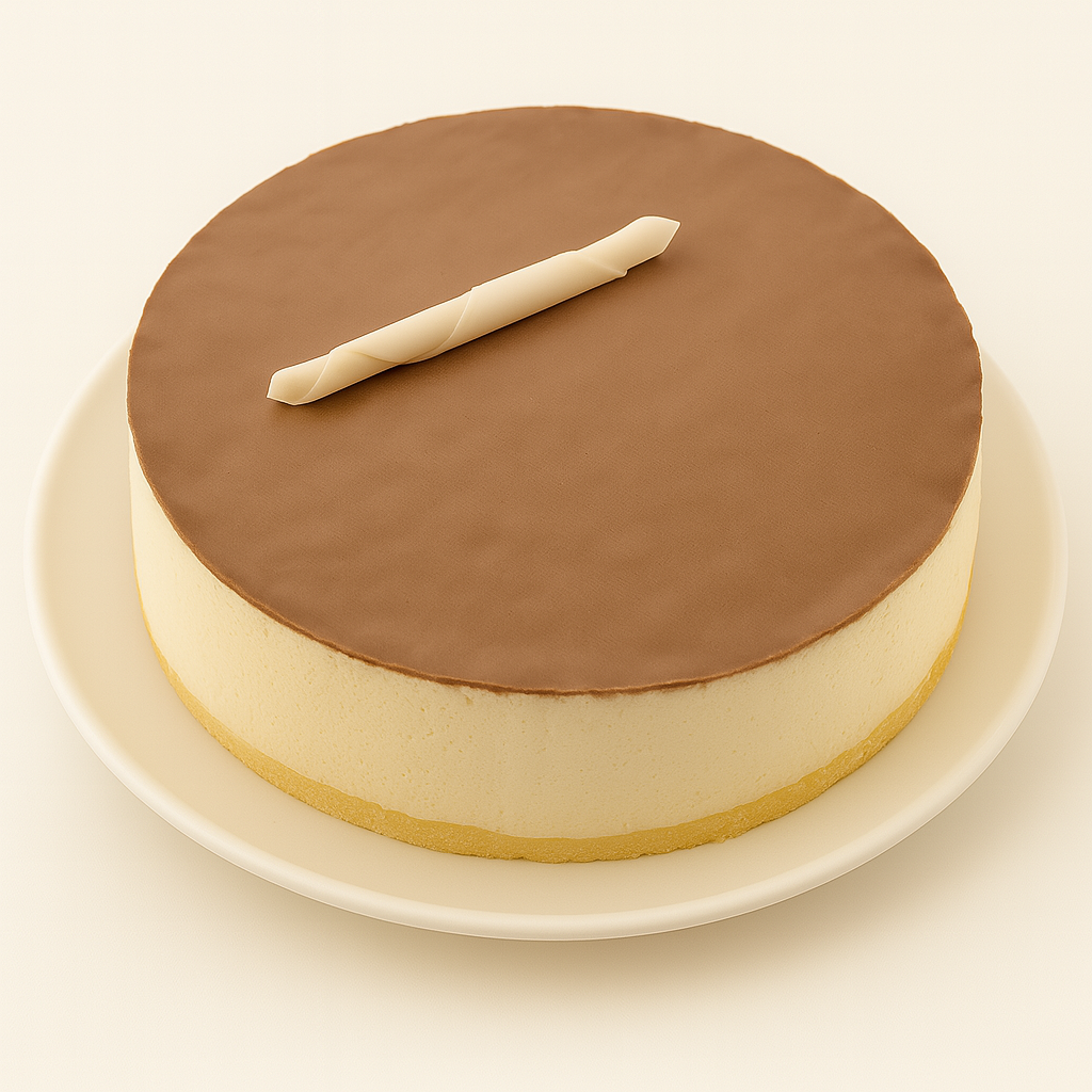 A round cheesecake topped with a smooth layer of chocolate and a single white chocolate curl, placed on a white plate against a plain cream background.