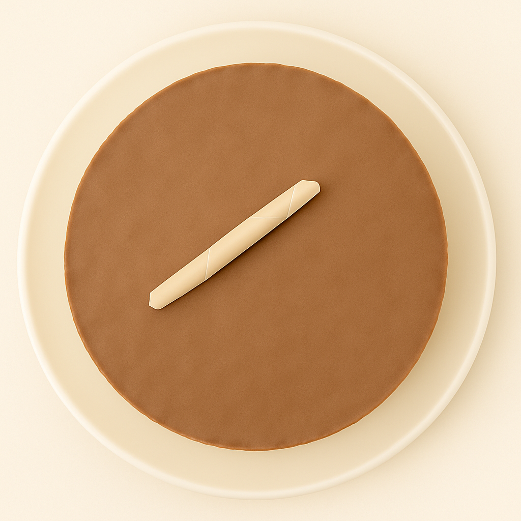 A top-down view of a round cheesecake featuring a glossy chocolate top and a single white chocolate curl in the center, presented on a white plate over a light cream background.
