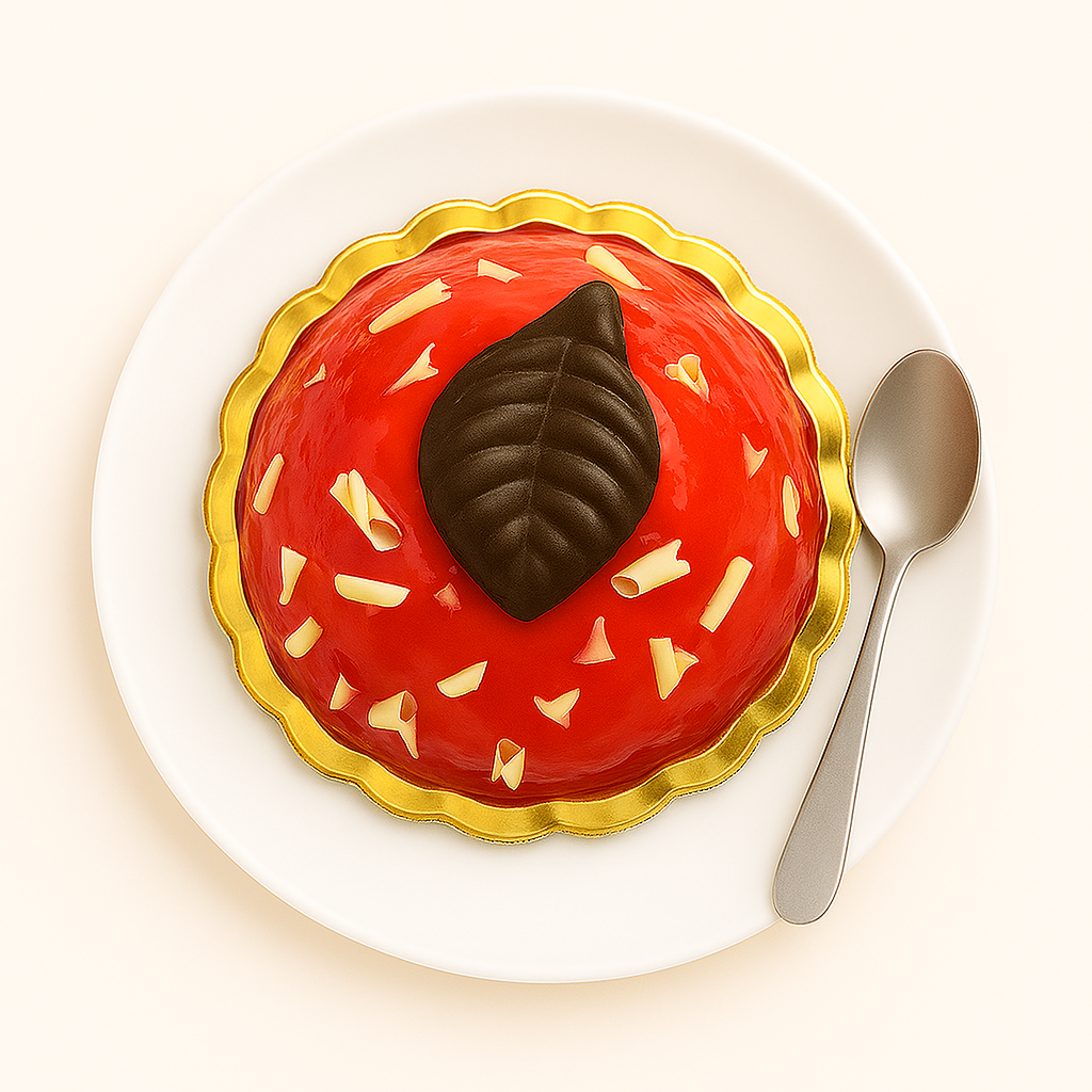 Top view of a red dome dessert on a gold base and white plate, garnished with white chocolate curls and a dark chocolate leaf, shown beside a silver spoon.