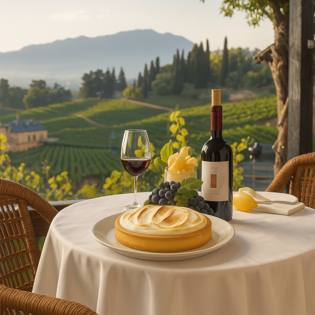 A lemon meringue pie on a white-clothed table set outdoors overlooking a scenic vineyard with rolling green hills and distant mountains. A glass of red wine, a bottle of wine, grapes, and a dessert cup with fruit garnish are arranged beside the pie, creating a warm, elegant dining atmosphere.