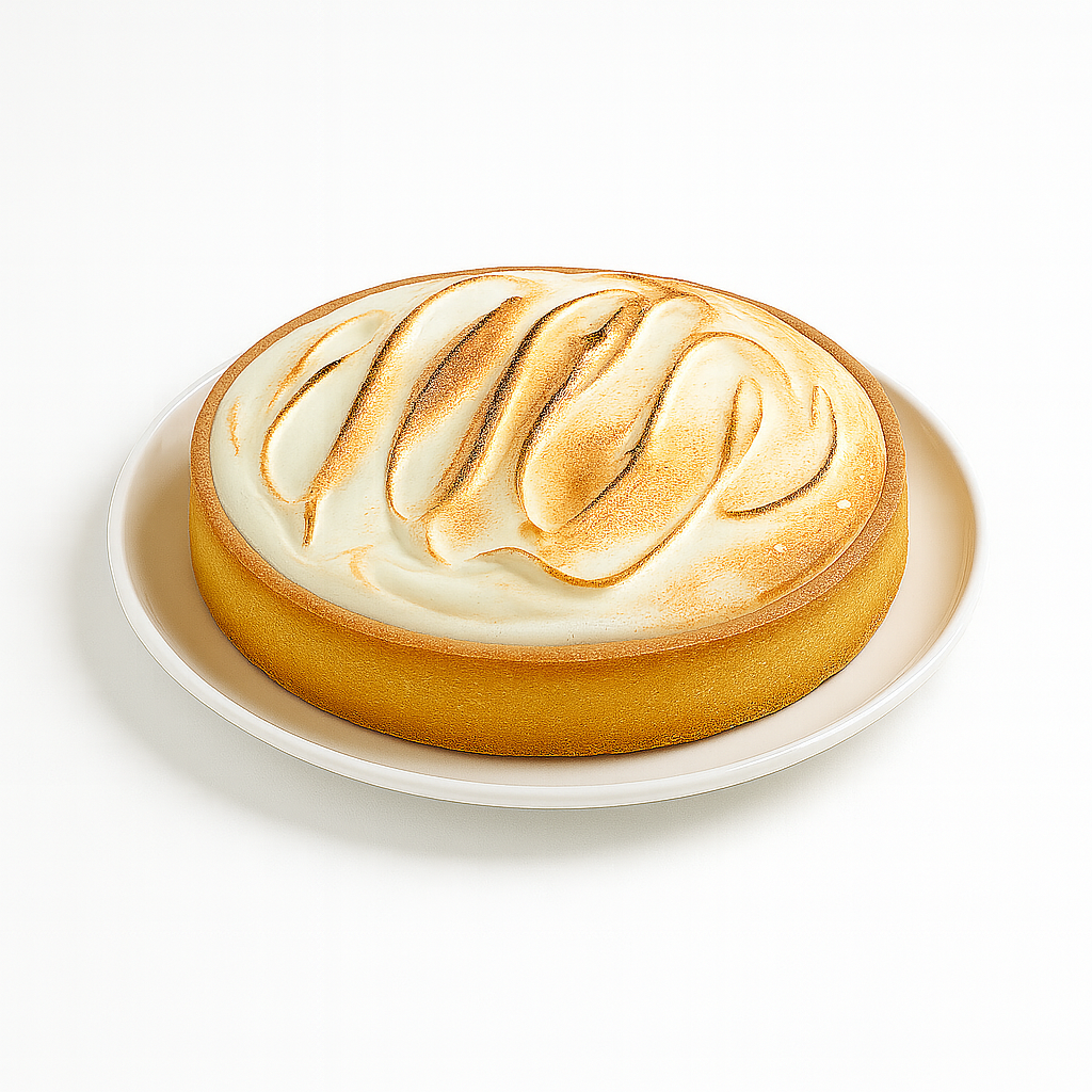 A lemon meringue pie seen from a slightly elevated side angle, showing its smooth, golden-brown swirled meringue topping and golden crust, sitting on a white plate against a plain white background.