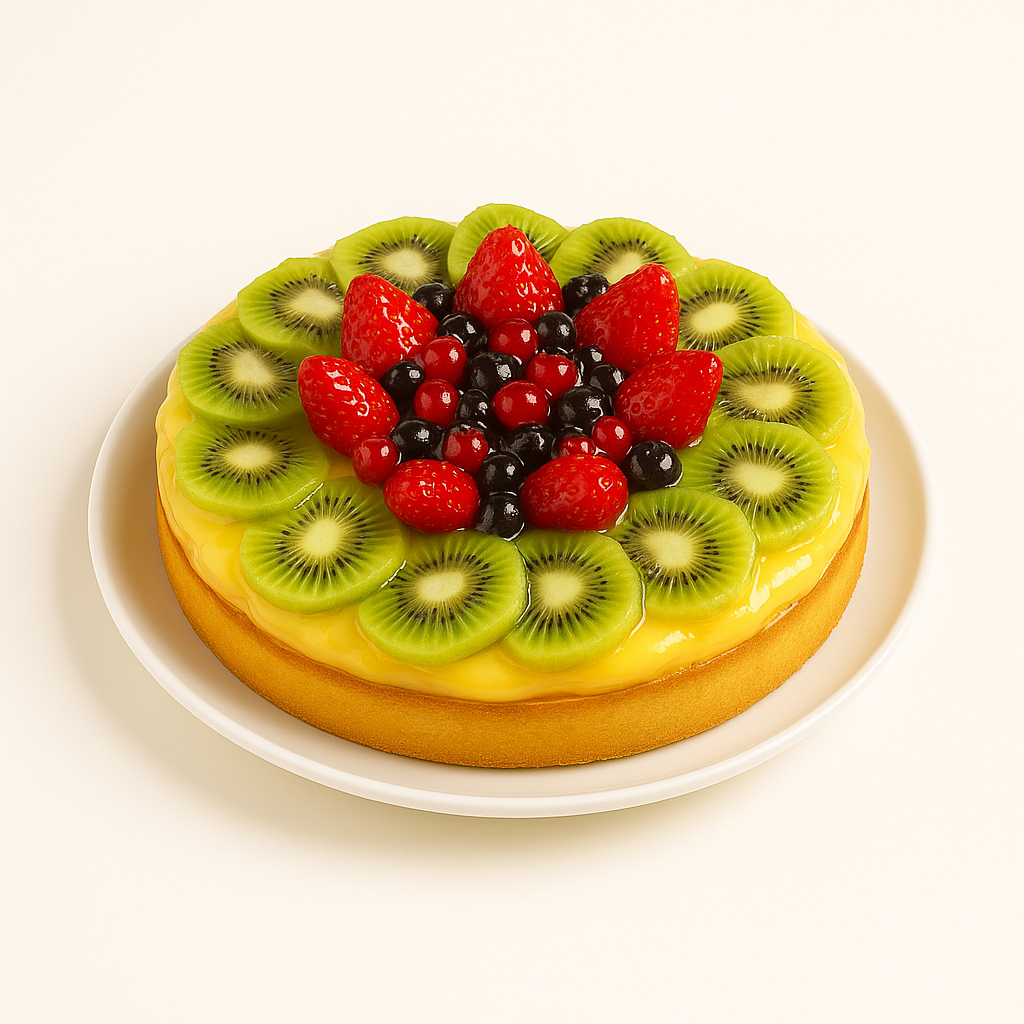 A round fruit tart on a white plate against a plain white background. The tart features a glossy yellow custard filling, neatly topped with concentric rings of kiwi slices and a central cluster of strawberries and mixed red and black berries.