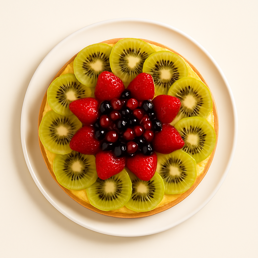 An overhead view of a round fruit tart on a white plate, showing a symmetrical arrangement of fresh fruit slices. Kiwi slices form an outer ring, while whole strawberries and clusters of red and black berries fill the center, all over a smooth yellow custard.