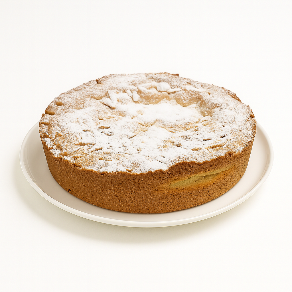 A side view of a round cake featuring a golden-brown, slightly textured crust, topped with a dusting of powdered sugar. The cake is placed on a white ceramic plate against a plain white background.