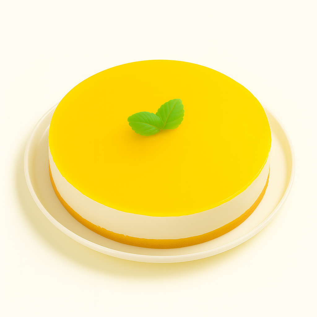 A lemon mousse cake viewed from a slight angle, displayed on a white ceramic plate. The cake features a smooth, glossy yellow top layer and creamy white sides, topped with two small green leaves, set against a plain white background.