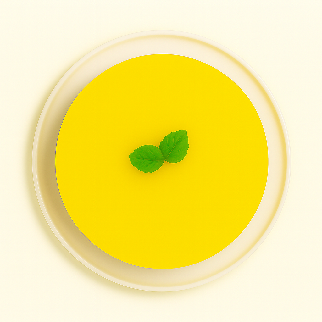 A top-down view of a lemon mousse cake on a white plate. The cake has a smooth, glossy yellow surface with a pair of bright green leaves in the center, set against a plain white background.
