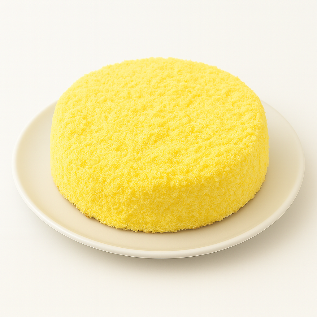 A plain yellow Mimosa cake with a fluffy, textured surface displayed on a white plate against a white background.