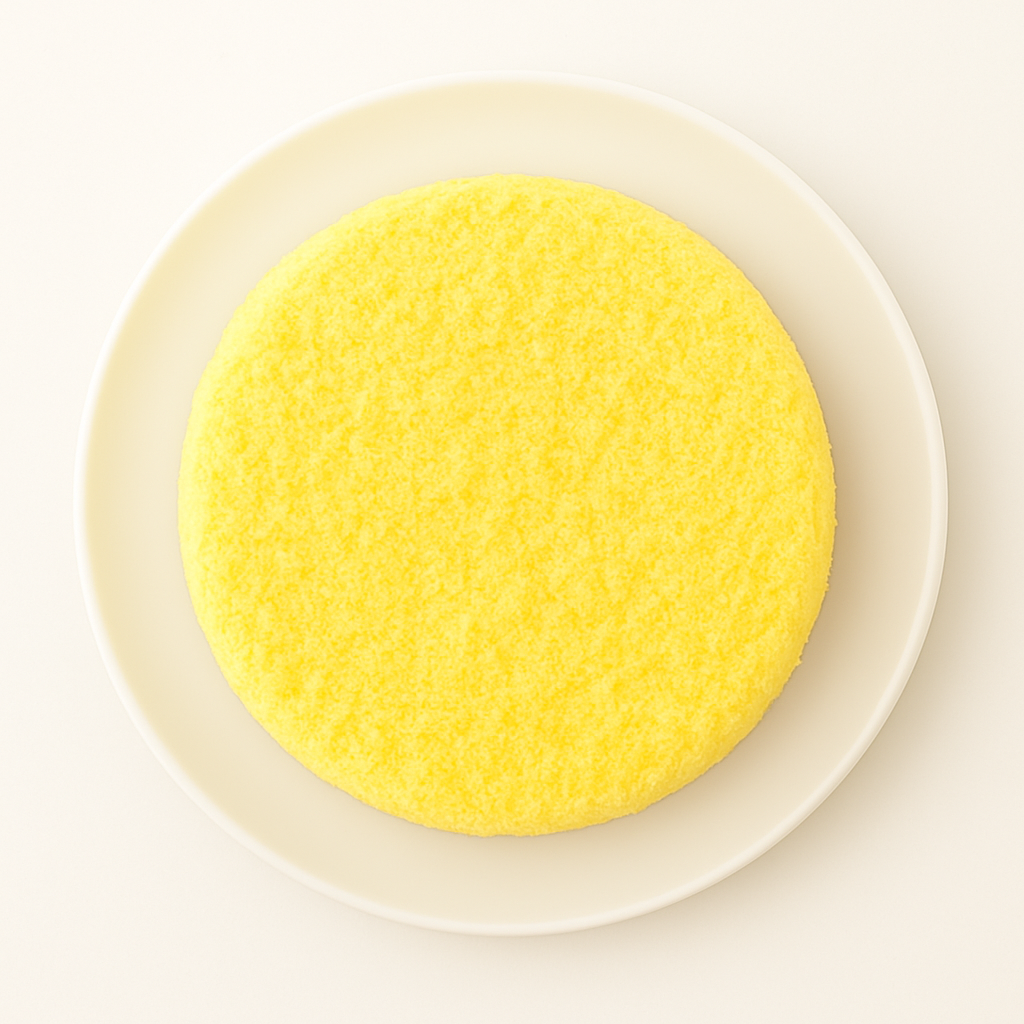 A top-down view of a yellow Mimosa cake with a fine, fluffy texture, placed on a white plate over a white background.