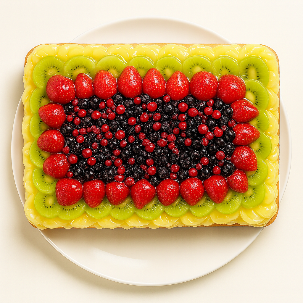Top-down view of a rectangular fruit tart on a white plate, featuring neat rows of fresh strawberries, blackberries, red currants, and kiwi slices on a glossy custard filling and golden crust