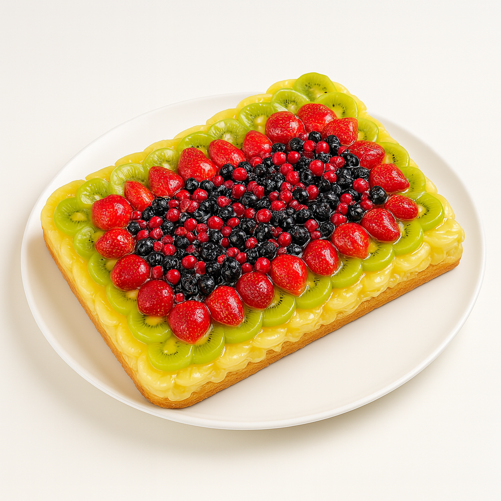 Angled side view of a rectangular fruit tart on a round white plate, showing vibrant layers of custard and colorful fruits including strawberries, kiwi slices, blackberries, and red currants.
