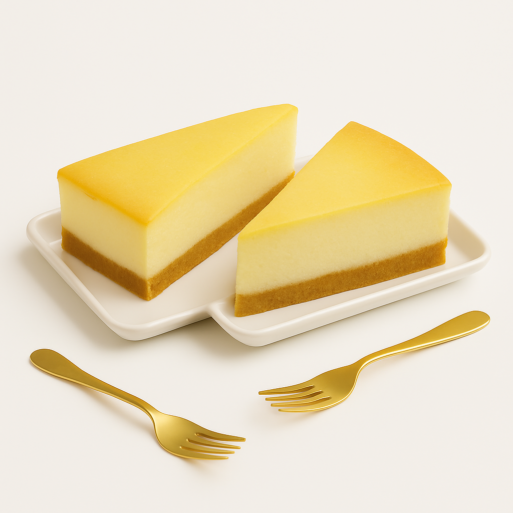 Two slices of New York cheesecake with a smooth golden-brown top and creamy interior on a white ceramic tray, accompanied by two small gold dessert forks, set against a plain light background.