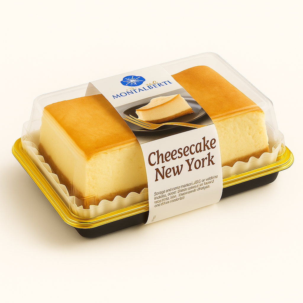 A retail pack of Mont Alberti New York cheesecake, featuring two rectangular slices visible through a clear plastic lid, with a label showing a photo of a cheesecake slice on a fork and text reading “Cheesecake New York.