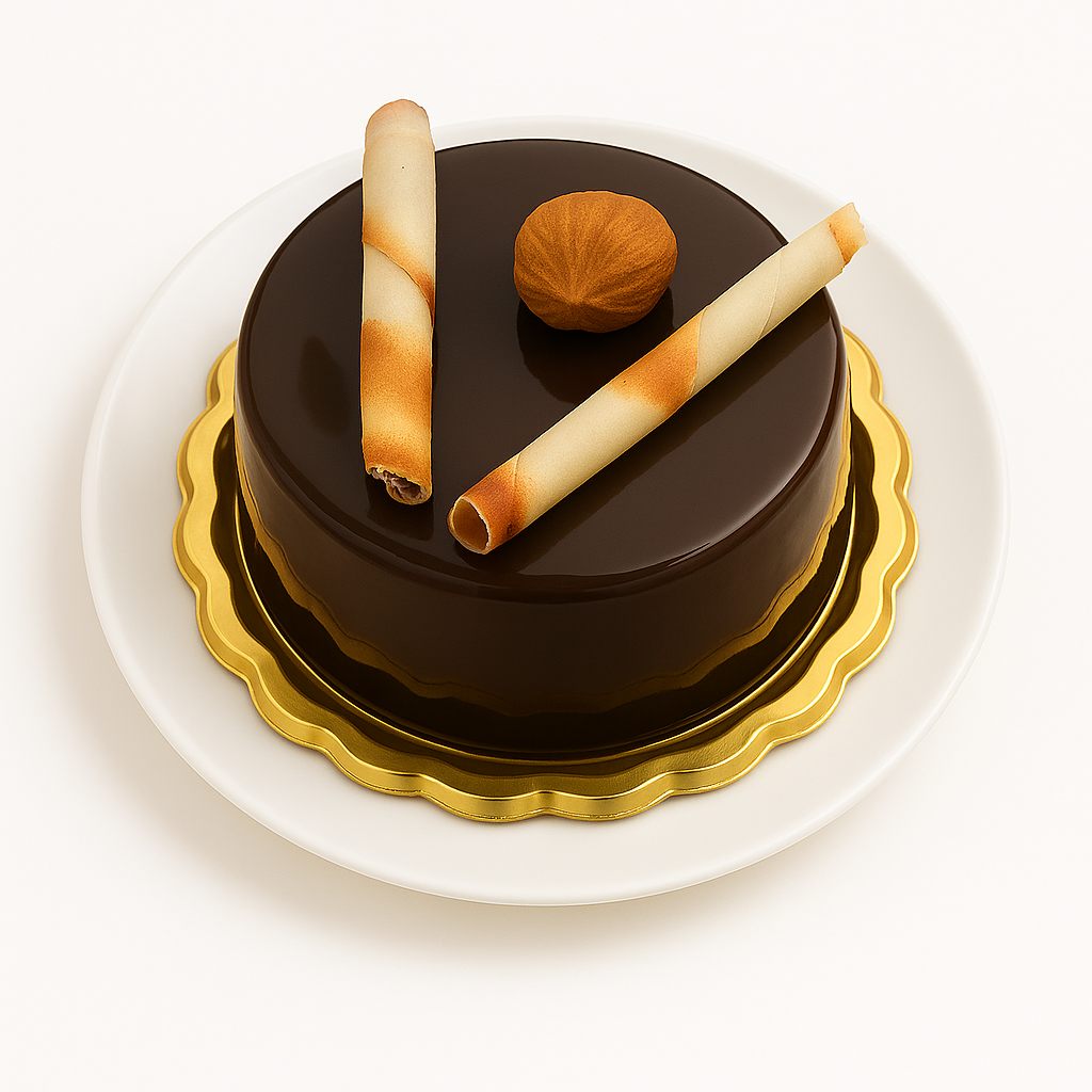 Opera cake with a smooth dark chocolate glaze on a gold base and white plate, topped with wafer rolls and a round chocolate resembling a hazelnut.