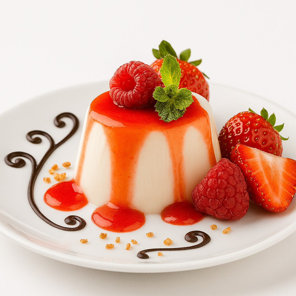 Panna cotta topped with vibrant strawberry sauce, garnished with fresh raspberries, strawberries, and mint on a white plate with chocolate designs.