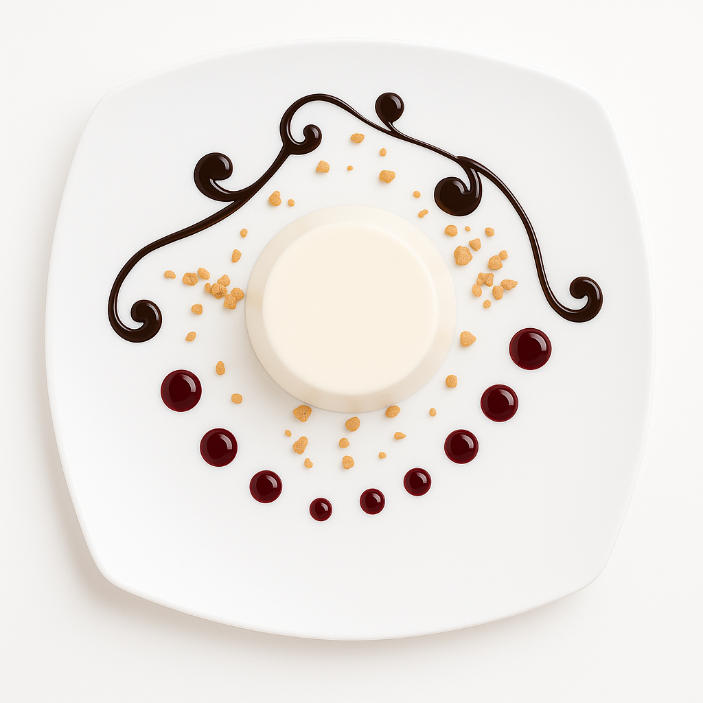 Top-down view of panna cotta centered on a white square plate, surrounded by chocolate swirls, red fruit sauce dots, and sprinkled caramel crumbs.