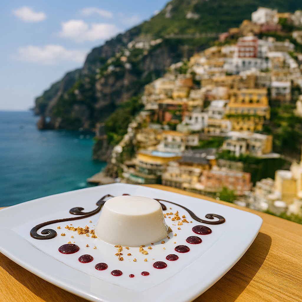 Panna cotta plated with chocolate and red sauce decorations, set against a scenic coastal view of colorful hillside buildings and blue sea.