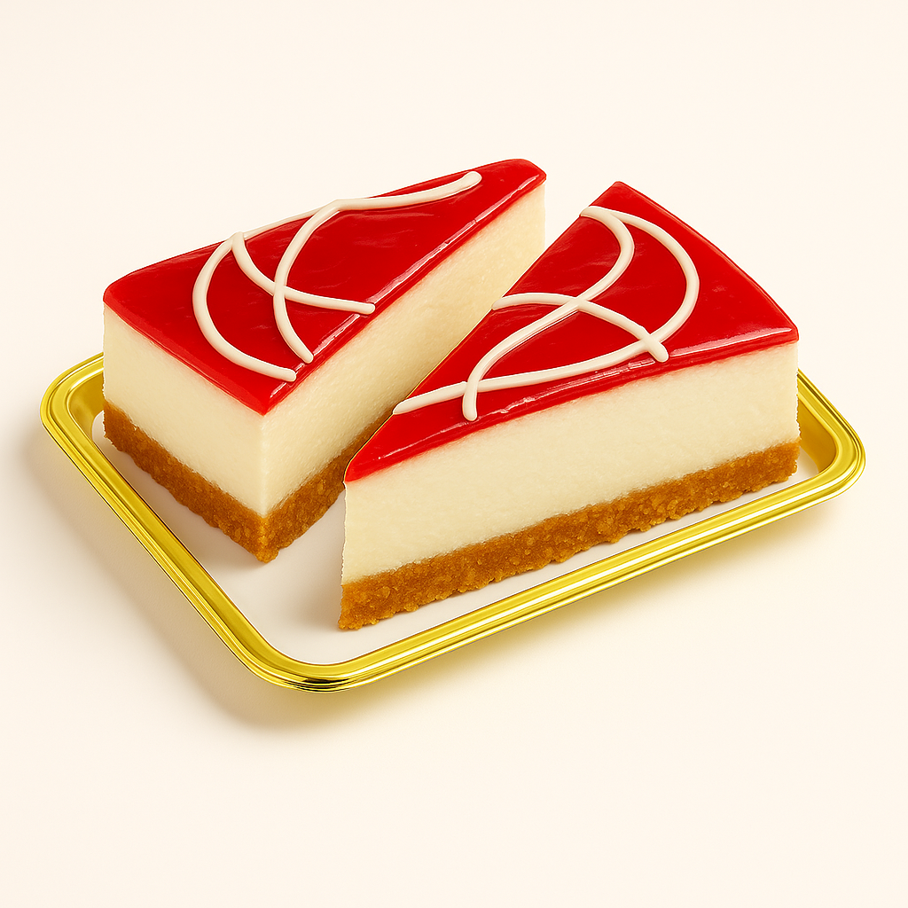 Two slices of panna cotta and raspberry cheesecake on a gold tray, featuring a smooth white cheesecake layer, a red raspberry glaze on top with decorative white chocolate swirls, and a crumbly brown base, all set against a plain light background.
