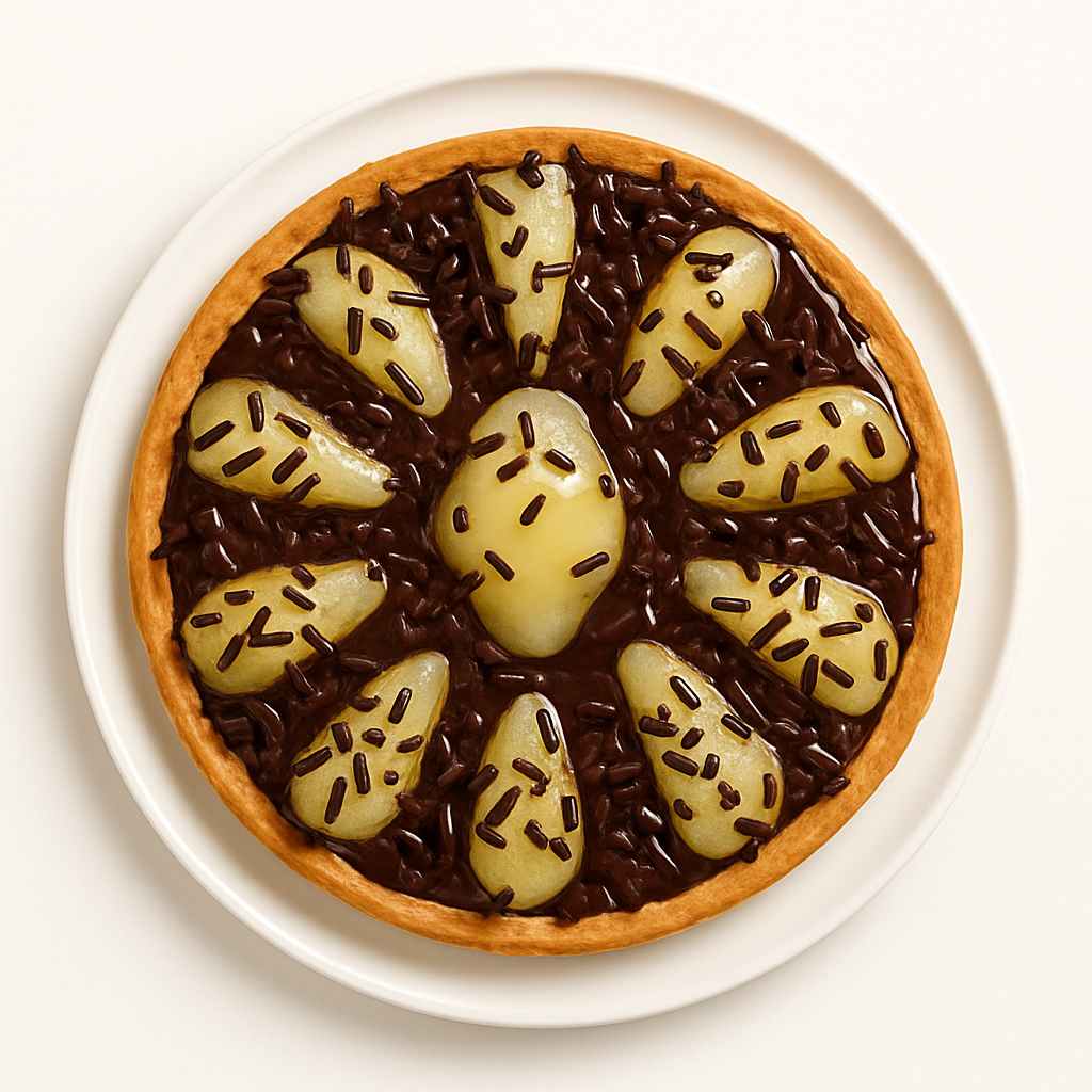 Top-down view of a pear and chocolate tart on a white plate, set against a white background. The tart features glossy chocolate filling topped with neatly arranged pear slices and scattered chocolate sprinkles in a radial pattern.