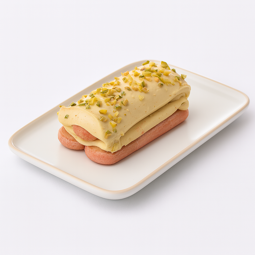 A rectangular dessert sits on a white plate. The dessert consists of two ladyfingers on the bottom, a layer of pale green pistachio mascarpone cream, a single ladyfinger in the center, more pistachio mascarpone cream on top, sprinkled with chopped pistachios.