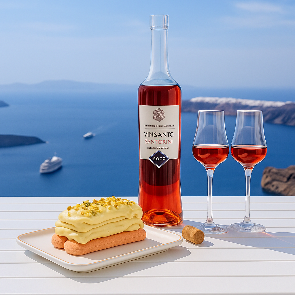 A bottle of Vinsanto Santorini sweet wine and two glasses filled with amber-colored wine stand on a white table overlooking the deep blue sea and cliffs of Santorini. In front of the bottle sits a rectangular dessert on a white plate, made of two ladyfingers on the bottom, a layer of pistachio mascarpone cream, one ladyfinger in the center, topped with more cream and chopped pistachios.