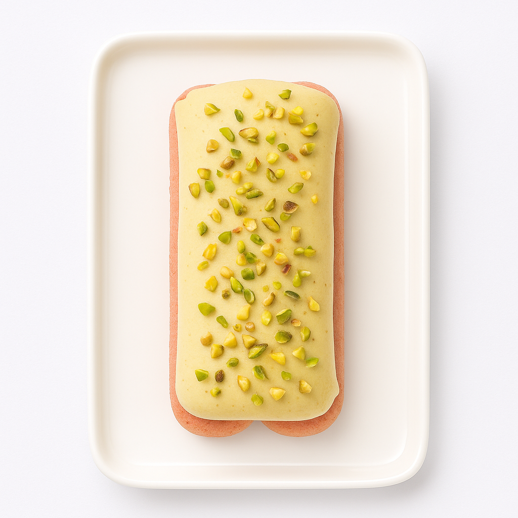 Top-down view of a rectangular dessert on a white plate. The dessert has a smooth layer of pistachio mascarpone cream sprinkled with chopped pistachios, resting on two visible ladyfingers arranged side by side.