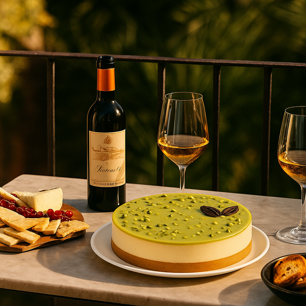 A pistachio cheesecake on a white plate on an outdoor table, accompanied by a bottle of dessert wine, two glasses of golden wine, and a platter of cheeses, breadsticks, and red currants, with greenery in the background.