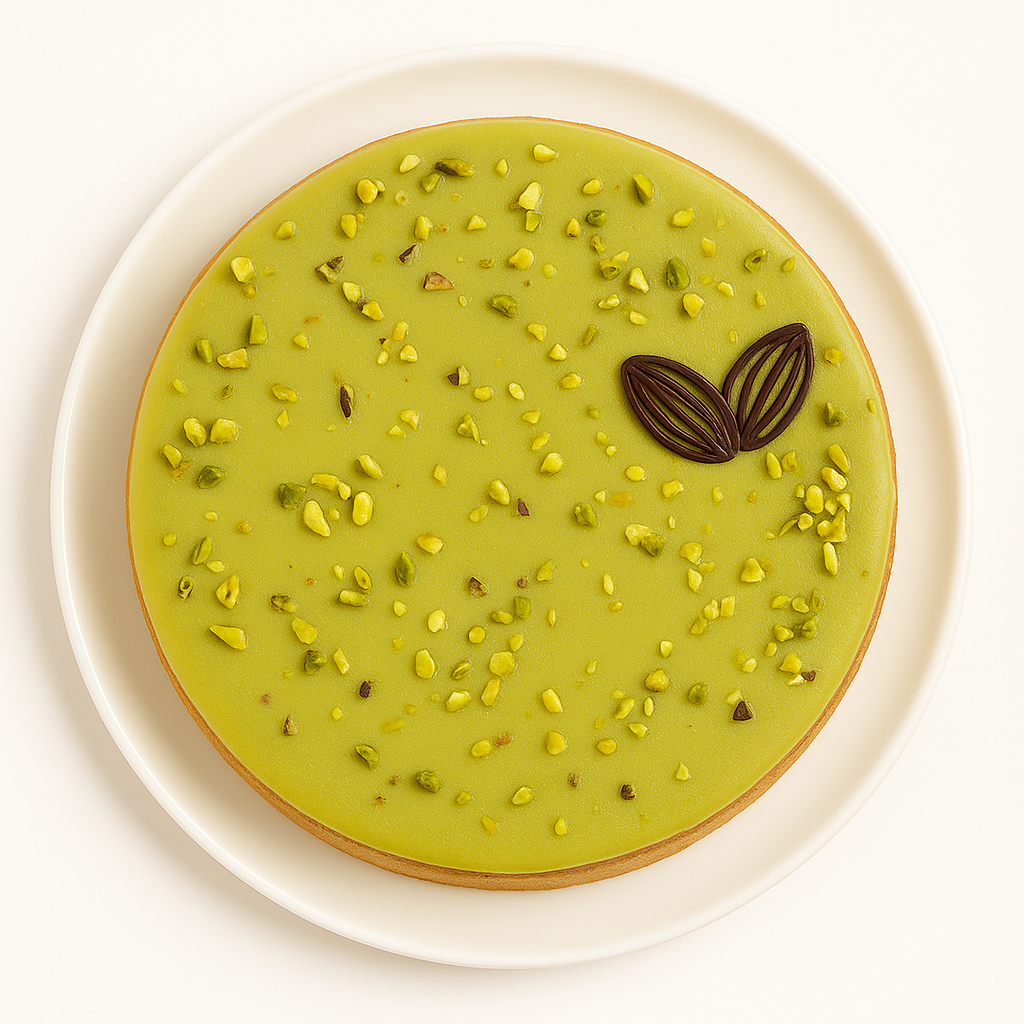 A top-down view of a round pistachio cheesecake on a white plate, showing a smooth green glaze sprinkled with chopped pistachios and decorated with two dark chocolate leaf shapes.