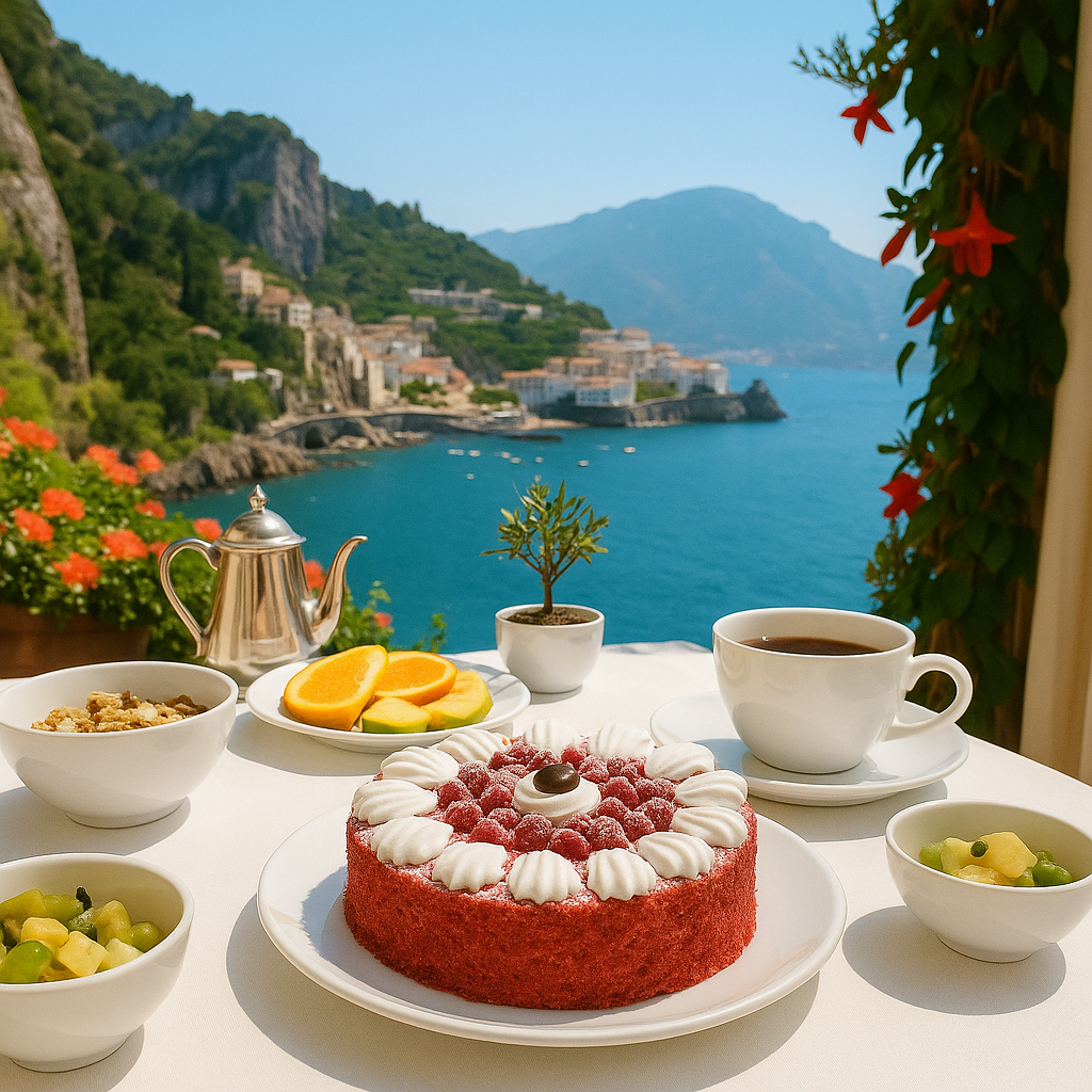 A red velvet cake with white meringue dollops and raspberries sits on a white plate on a breakfast table overlooking the Amalfi Coast, surrounded by bowls of fruit, orange slices, a cup of coffee, and a silver coffee pot, with a bright blue sea and mountains in the background.