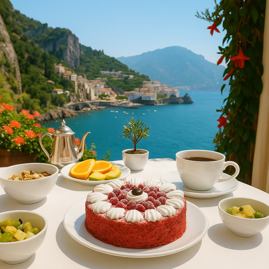 A red velvet cake with white meringue dollops and raspberries sits on a white plate on a breakfast table overlooking the Amalfi Coast, surrounded by bowls of fruit, orange slices, a cup of coffee, and a silver coffee pot, with a bright blue sea and mountains in the background.