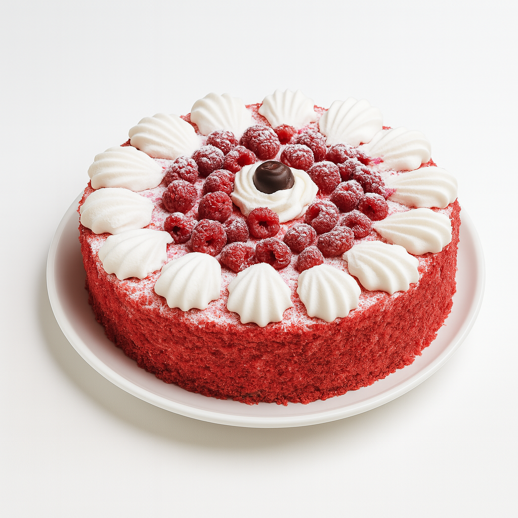 A red velvet cake topped with white meringue dollops, fresh raspberries dusted in powdered sugar, and a single chocolate truffle in the center, placed on a white plate against a plain white background.