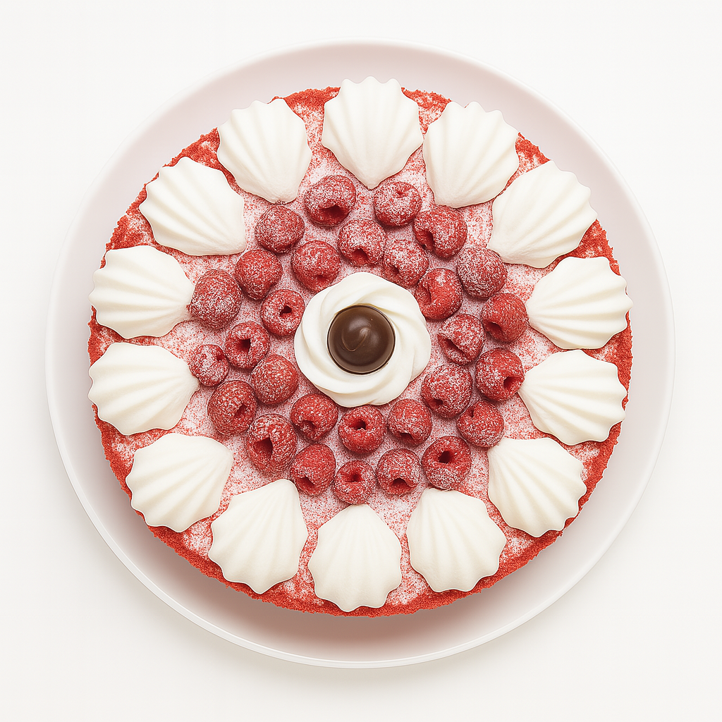 A top-down view of a red velvet cake on a white plate, decorated with a ring of white meringue dollops, a layer of fresh raspberries dusted with powdered sugar, and a central swirl of cream topped with a chocolate truffle.