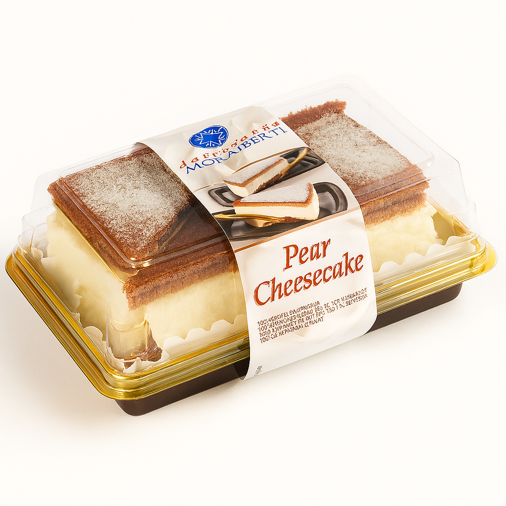 Packaged ricotta and pears cheesecake in a clear plastic container with label reading ‘Pear Cheesecake,’ showing rectangular slices dusted with powdered sugar.