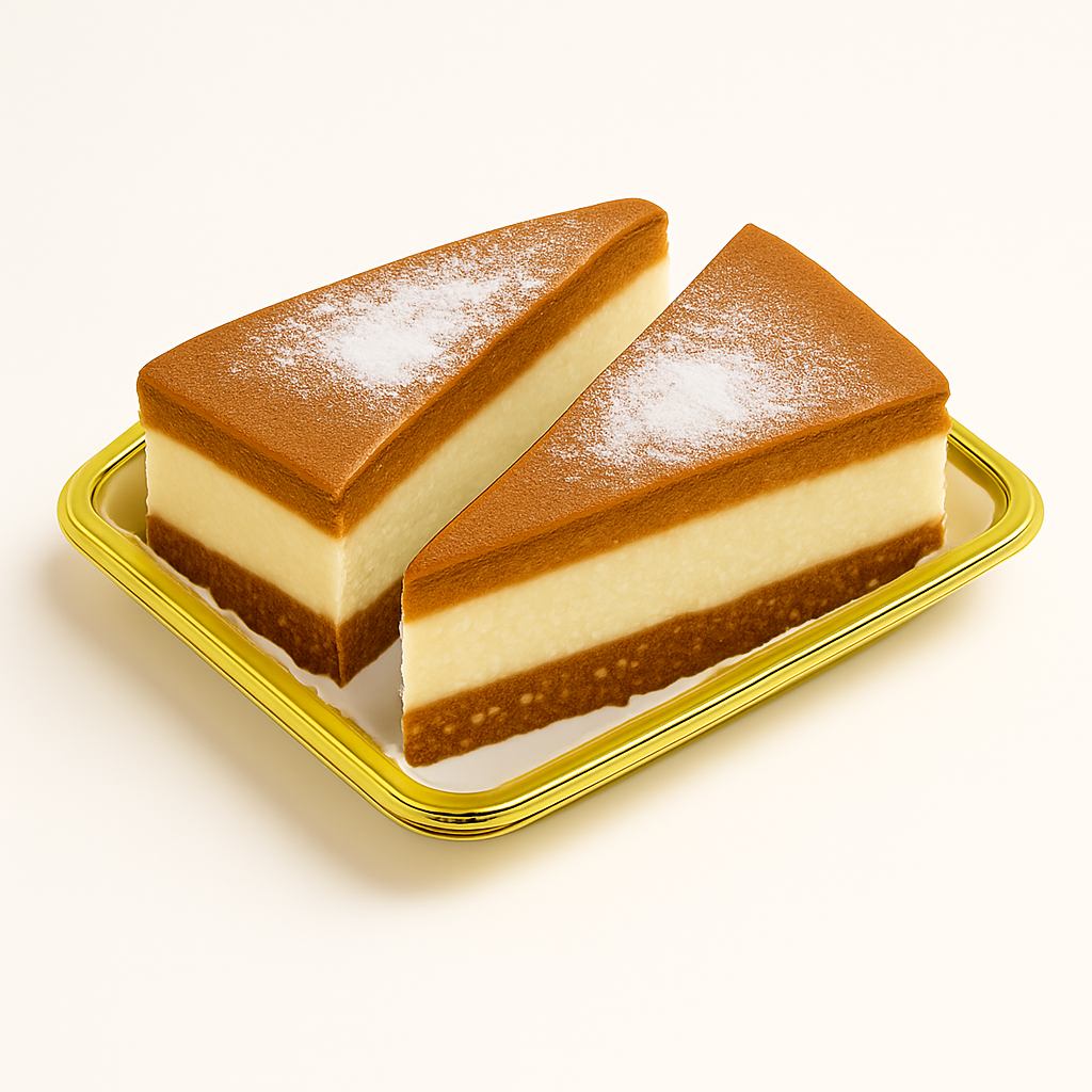 Two slices of ricotta and pears cheesecake on a gold tray, showing layers of fluffy ricotta filling and sponge cake, lightly dusted with powdered sugar.