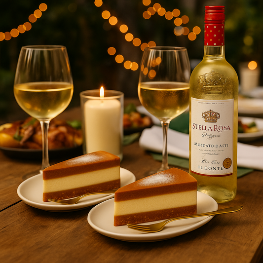 Two slices of cake, each placed on separate plates with dessert forks, set on a dining table inspired by an outdoor dinner scene. The cakes have a golden-brown top and creamy layers. Two wine glasses filled with white wine are also on the table, and a bottle of Stella Rosa Moscato d’Asti stands prominently nearby. The background features a cozy dinner setting with soft lighting and blurred people and decor.