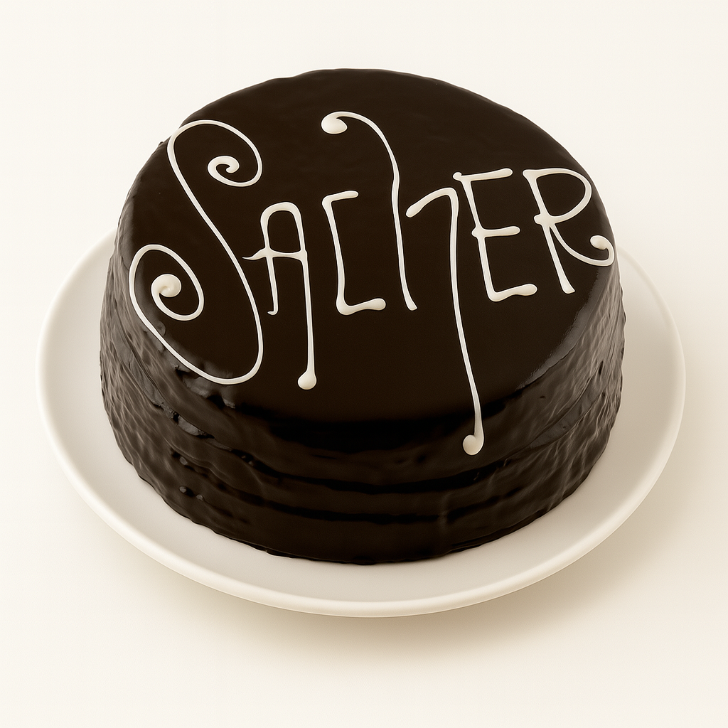 A Sacher torte with a smooth, shiny dark chocolate coating and intricate white lettering spelling “Sacher” on top, placed on a white plate against a plain, softly lit background.