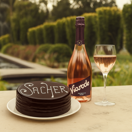 A glossy, dark chocolate Sachertorte cake on a white plate, decorated with the word ‘SACHER’ elegantly piped in white icing on top.