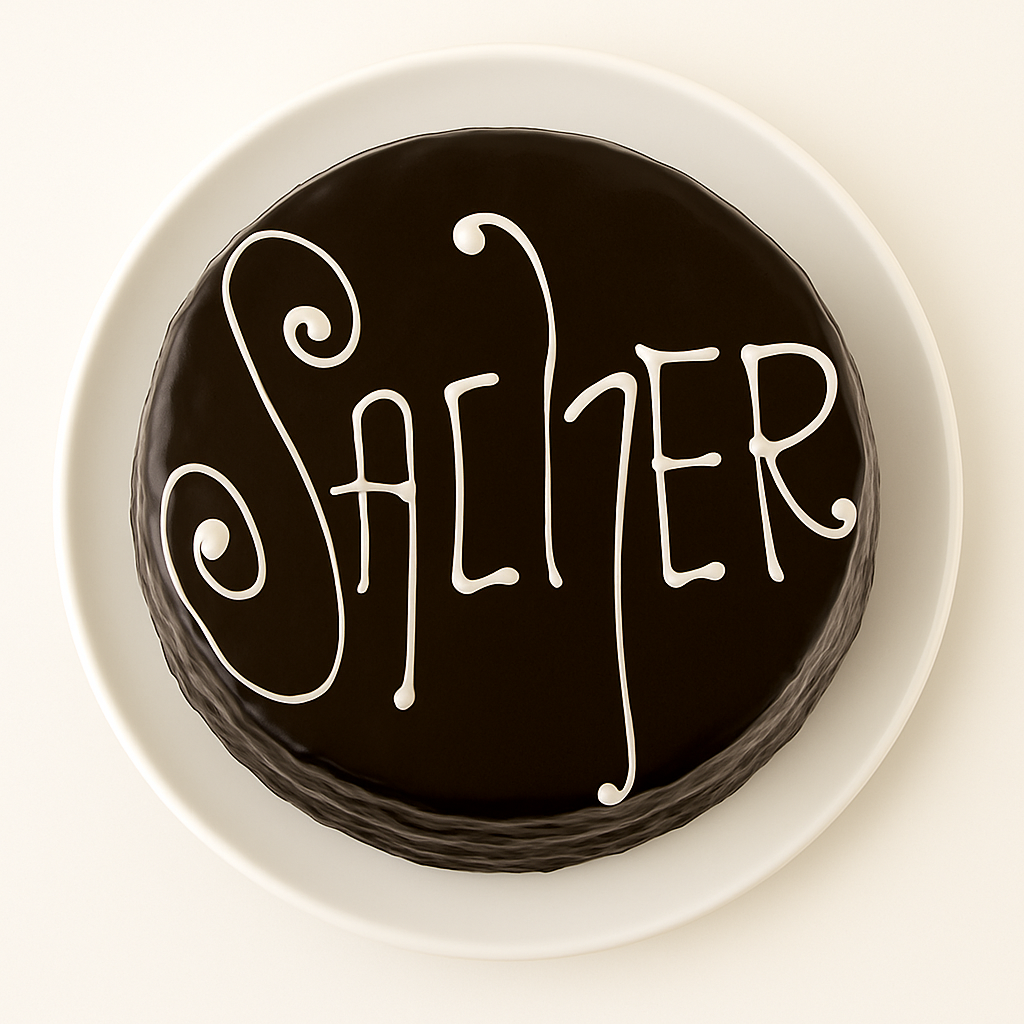 A top-down view of a Sacher torte, showing a glossy dark chocolate glaze with elegant white lettering spelling “Sacher” across the surface, placed on a white plate.