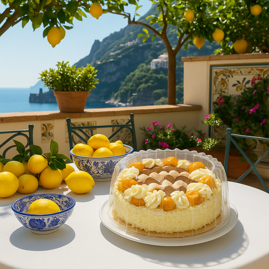 A Saint Honoré cake in a clear plastic dome container sits on a white table outdoors. Behind it, a scenic terrace overlooks a coastal landscape with cliffs, lemon trees, potted flowers, and a vivid blue sea under a sunny sky. Bowls of fresh yellow lemons are placed around the table.