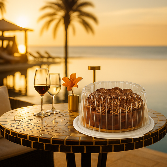 A tiramisu semifreddo cake in a clear plastic dome container sits on a round mosaic table beside two glasses of white and red wine, with a sunset over an infinity pool and palm trees in the background, creating an elegant outdoor dining scene.