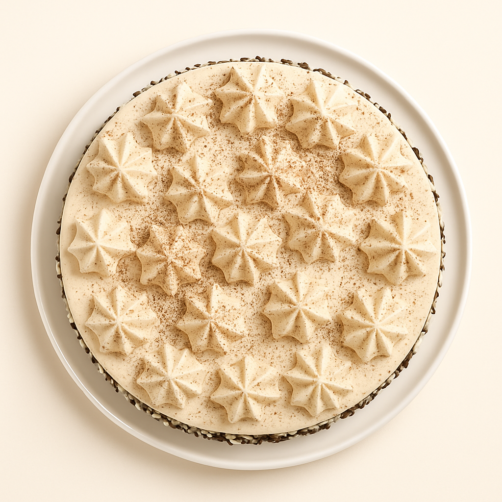 A top-down view of a round coffee semifreddo cake on a white plate. The cake is decorated with evenly spaced piped rosettes of beige frosting across the entire surface, dusted with cocoa powder. The edges show a border of chocolate and white chocolate pearls.