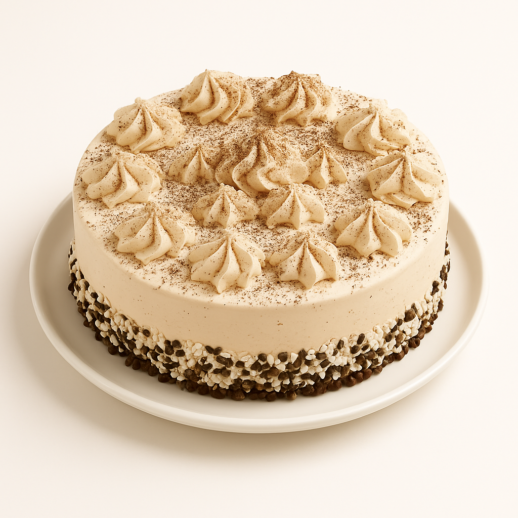 A coffee-flavored semifreddo cake displayed on a white plate against a white background. The round cake has smooth beige frosting with piped rosettes arranged neatly on top, and is lightly dusted with cocoa powder. The sides of the cake are decorated with a crunchy coating of chocolate and white chocolate pearls.