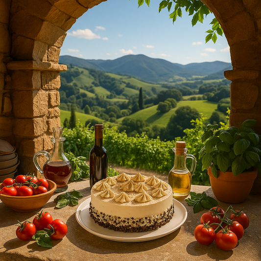 A coffee semifreddo cake sits on a white plate on a stone table in a sunlit outdoor terrace. The cake is surrounded by fresh tomatoes, basil, and bottles of olive oil and vinegar. In the background, rolling green hills and distant mountains are visible through a rustic stone archway under a bright blue sky with scattered clouds.