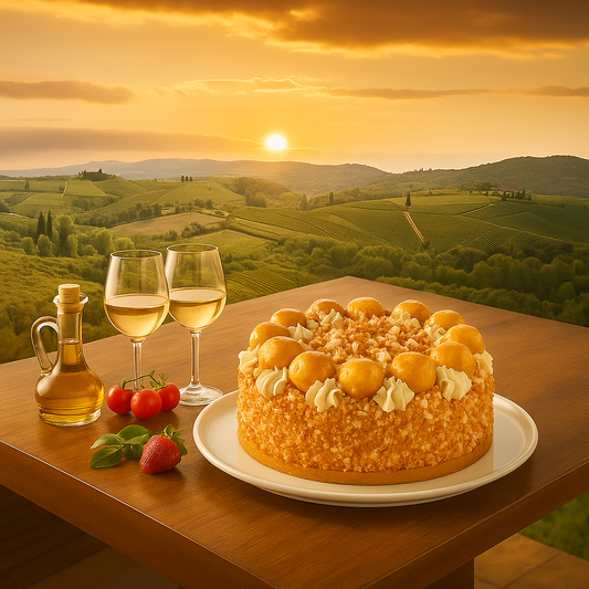 A whole hazelnut semifreddo cake without packaging, placed on a white plate on a wooden table. The cake is topped with dollops of cream, caramelized hazelnut puffs, and sprinkled hazelnut pieces. Next to it are two glasses of white wine, a glass bottle of olive oil, cherry tomatoes, fresh basil leaves, and a strawberry. The background features rolling green vineyards under a golden sunset sky.