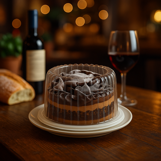 A round chocolate dessert in a clear plastic dome container rests on a wooden restaurant table beside a loaf of bread, a glass of red wine, and a plate of spaghetti with tomato sauce and basil. The background is softly blurred with warm ambient lights, evoking a cozy Italian restaurant atmosphere.