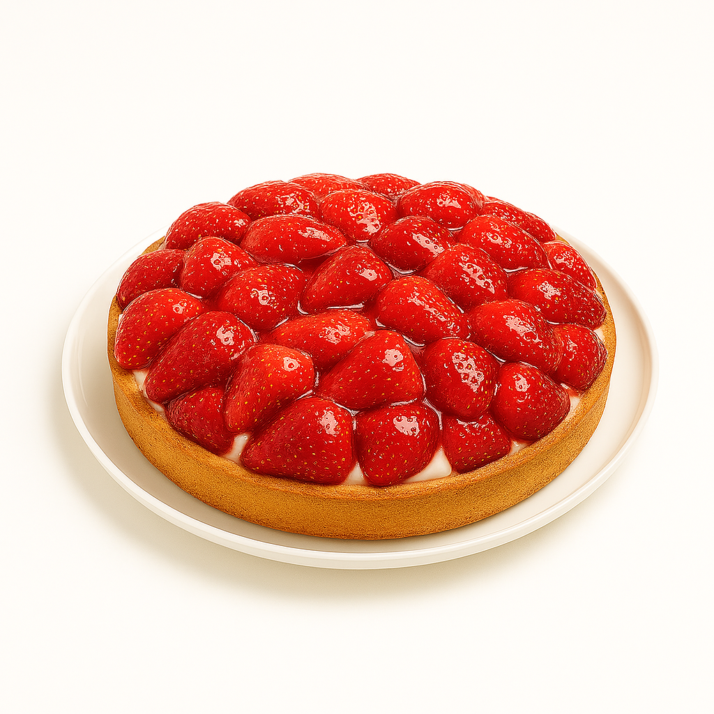 A side-angle view of a strawberry tart placed on a white ceramic plate. The tart has a golden-brown crust and is topped with glossy, vibrant red strawberries arranged neatly over a creamy filling, set against a plain white background.