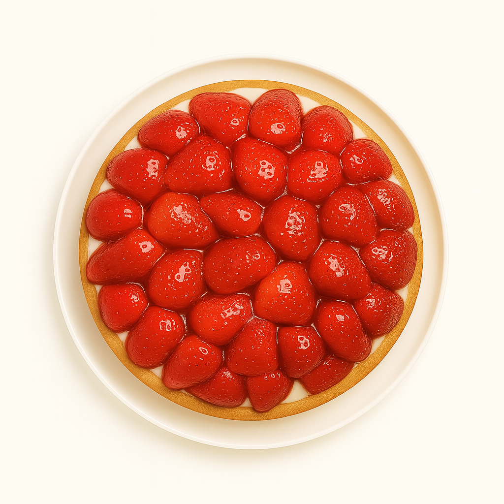 A top-down view of a strawberry tart on a white ceramic plate, showing rows of plump, glossy red strawberries arranged in concentric circles over a layer of creamy filling, all set against a white background.
