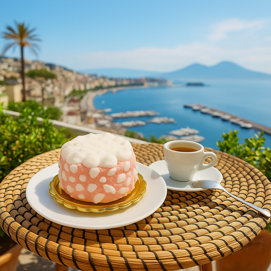 Strawberry meringue dessert with pink and white dotted exterior, served on a gold base and white plate beside an espresso cup, set on a table overlooking a scenic coastline and blue sea.”